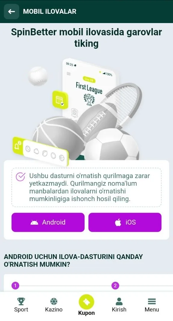 SpinBetter ilovasi — Android uchun yuklab olish ekrani