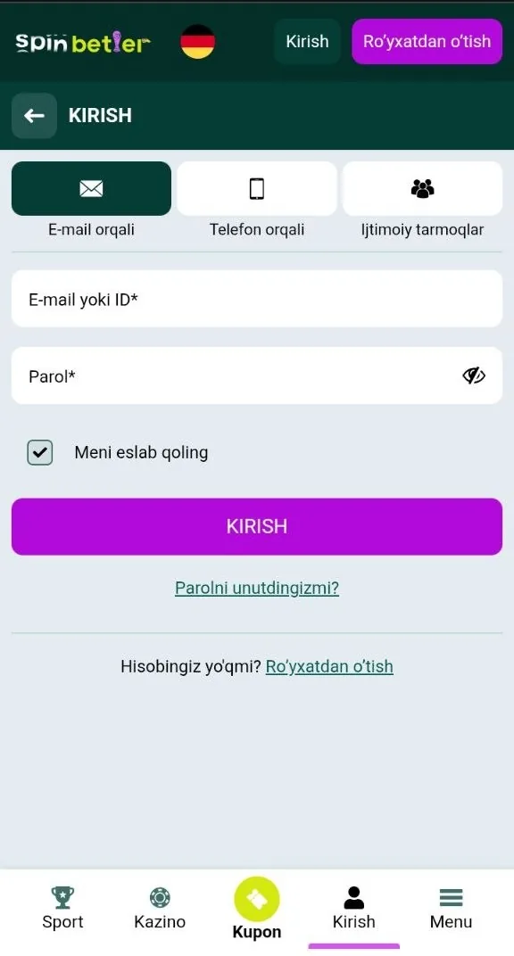 SpinBetter kirish oynasi — hisobga kirish shakli