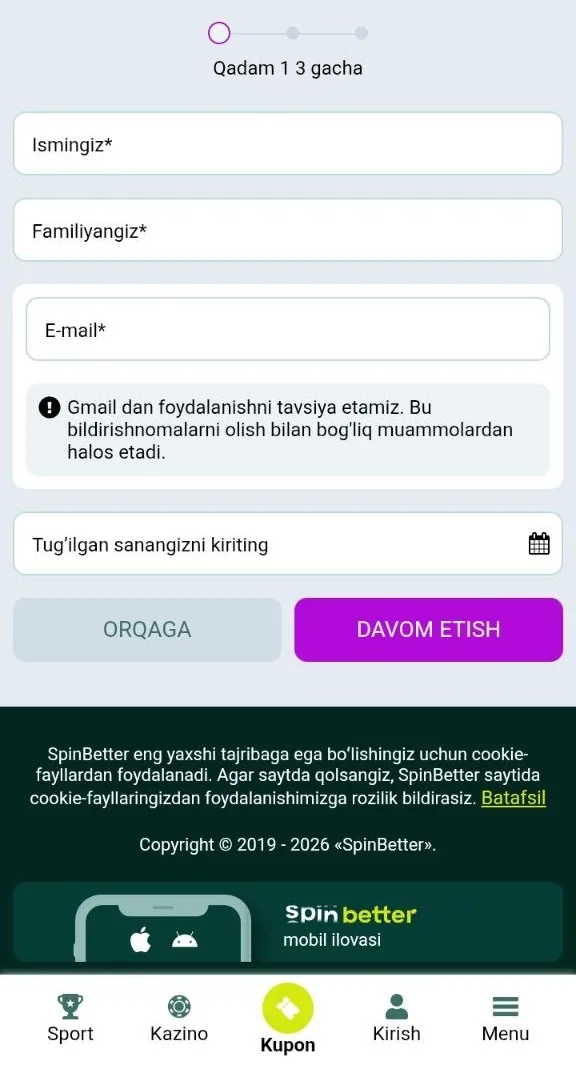 SpinBetter roʻyxatdan oʻtish anketasi — hisob ochish shakli